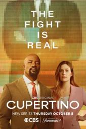 Cupertino TV show poster: Mike Colter and Rachel Keller stand in front a pixelated screen. Tag reads: “The Fight Is Real.”