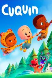 Cuquin poster: Three cartoon characters flying or jumping through a bright blue sky above a green forest landscape.