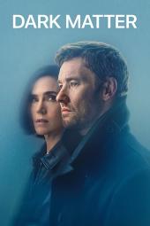 Poster art for sci-fi series Dark Matter. Stars Jennifer Connelly and Joel Edgerton pictured in profile on a blue background.