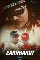 Earnhardt TV show poster: Dale Earnhardt Sr. in helmet looks over himself and Dale Earnhardt Jr. 