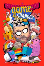 Game Changer TV show poster: a cartoon version of host Sam Reich's head surrounded by colorful props like a pig, a microphone, a crown, and more 