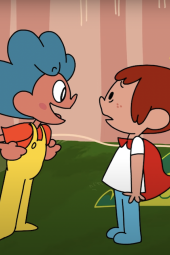 Heroes to Zero TV show poster: A part of the poster shows a blue background with one of the main characters, a dark-skinned animated character named Nena and a light-skinned one named