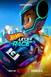 Hot Wheels: Let's Race TV show poster: A young boy rides a fiery car with a city in the background. 