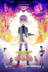 Jentry Chau vs the Underworld TV poster image: Jentry stands in her school hallway while creating fire with her hands and looking a demons above her.