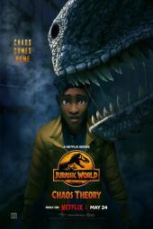 Jurassic World Chaos Theory TV show poster: Darius, a black teenager, looks through the jaws of a dinosaur