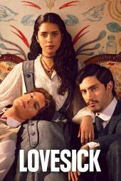Lovesick: Three people in vintage clothing on a sofa, a woman with two men laying with their heads in her lap, with "LOVESICK" text below.