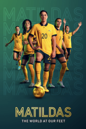 Matildas: The World at Our Feet TV show poster: Sam Kerr and other players behind her in gold uniforms against green backdrop.
