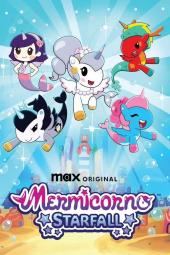 Mermicorno Starfall TV: Astra stands with Kameko, Gwen, Nautique, and Squishella, posing underwater in front of the Royal Pearl Kingdom.