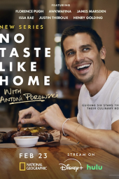 No Taste Like Home with Antoni Porowski TV show poster: Porowski is shown smiling while seated in front of a pile of barbecue