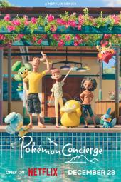 Pokemon Concierge TV show poster: The Pokemon Resort staff waves from the dock while some pokemon surround them. 