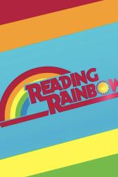 Reading Rainbow TV show poster: Diagonal stripes different colors with the title in red in the middle, against a blue background.