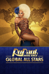 RuPaul’s Drag Race Global All Stars TV show poster: RuPaul sits posed in gold dress and blonde wig. 