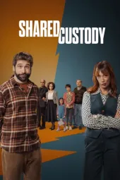 Shared Custody TV: Diego and Cris stand on opposite ends, a winding line separates them. Cloe and family are in the middle, in the background.