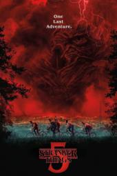 Stranger Things Season 5 TV show poster: An ominous red background; across the bottom, 5 people ride bicycles