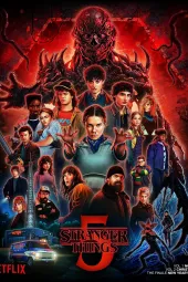 Stranger Things Poster Image: The entire cast is shown with a monster behind them