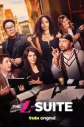 The Z-Suite TV show poster: Lauren Graham surrounded by a diverse group of Gen Z's around a table in front of a golden cityscape