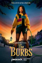 The 'Burbs TV show poster: Black actor Keke Palmer as Samira stands in front of a fiery background and the words "The Burbs."