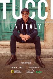 Tucci in Italy TV show poster: actor/foodie Stanley Tucci sits on a stoop, presumably in Italy