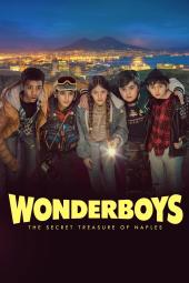 Wonderboys The Secret Treasure of Naples TV: Aniello, Sasà, Tere, Rafaelle, and Gennaro stand close looking surprised, holding a flashlight.