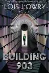 Building 903 book cover: Girl holding green book stands in a room lined with full bookshelves lit in pastel rainbow colors