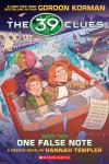 One False Note: The 39 Clues: A Graphic Novel, Book 2 book cover: Two kids and an adult driving a boat in a canal