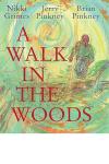 A Walk in the Woods book cover: Sketches over a watercolor painting show a Black boy in a red cap walking alone in a wooded area
