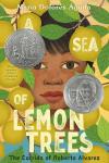 A Sea of Lemon Trees book cover: Brown-skinned, brown-eyed boy's face peering from behind branches laden with lemons