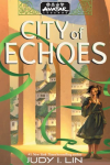 Avatar Legends: City of Echoes book cover: An Asian girl holding a bag of scrolls looks offscreen; green strings float in the background
