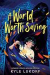 A World Worth Saving book cover: Boy in a white smily face t-shirt runs through wind storm with intensity