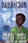 Barracoon book cover: Black boy in green shirt gazes at sailing ship, with man's face in the background