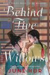 Behind Five Willows book cover: Young couple wearing traditional Korean clothes in front of bookshelves