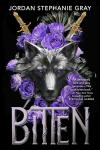 Vanessa's head in wolf form is surrounded by purple roses in front of two crossed swords with golden hilts.