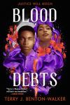 Blood Debts book cover: Black teen boy and girl staring with neutral expressions with a knife in the foreground and the moon in the background.