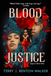 Blood Justice book cover: Black teens looking at an unknown horizon with a red skeleton key and blood moon in the front