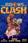The Books of Clash: Volume 1 book cover: A bare-chested man with brown skin, a mohawk, and wielding a club rides atop a small pink hog