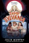 Camp Sylvania book cover: A very thin woman looks menacingly down on three tweens in front of a dark lake who all look scared