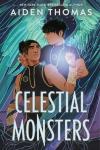 Celestial Monsters book cover: Mexican teen boy with short black hair, teal wings, looks at Mexican teen boy next to him 