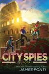 Europa book cover: Cairo, Sydney and Cat racing up stairs with Colosseum in the background