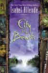 City of the Beasts book cover: Illustration of a boat on a river under a blue-purple sky with a cloud shaped like a jaguar