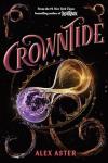 Crowntide book cover: Below the title gold and purple liquid swirl in a glass infinity symbol sitting inside a dark, thorny crown