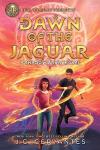 Dawn of the Jaguar book cover: A girl with brown skin and cowboy boots runs away from Devil's Tower with a rope-like circle of flame around her; a boy runs just behind her with part of the rope flame wrapped around his wrist