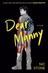 Dear Manny book cover: Behind the yellow title against a black background Jared looks over his shoulder with parts of the US flag on his clothes