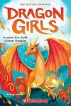 Dragon Girls book cover: Smiling orange dragon spreading its wings in front of a bright blue background with tiny orange flames