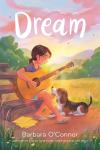 Dream book cover: Tween girl with hair in pigtail playing guitar for beagle-like dog