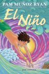 El Niño book cover: Brown-skinned boy wearing gold cuff and diving into a wave