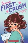 First Crush book cover: A girl with brown wavy hair smiles, holding an envelope, on a colorful book cover under title