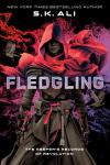 Fledgling book cover: A figure stands ready for action wearing a bright red hooded cape over their eyes and black assassin-type clothes