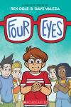 Four Eyes book cover: Red-haired 6th grade boy with glasses wearing red shirt has hands together while kids flank him left and right