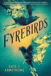Two small birds fly with flaming wings in muted colors of blue-green and gold