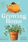 Growing Home book cover: A frowning goldfish wearing a hat swimming above a potted ivy plant that's smiling